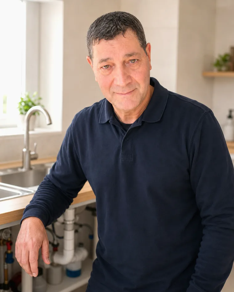 Laïd, plombier artisan à Paris 19e, dans une cuisine devant un évier